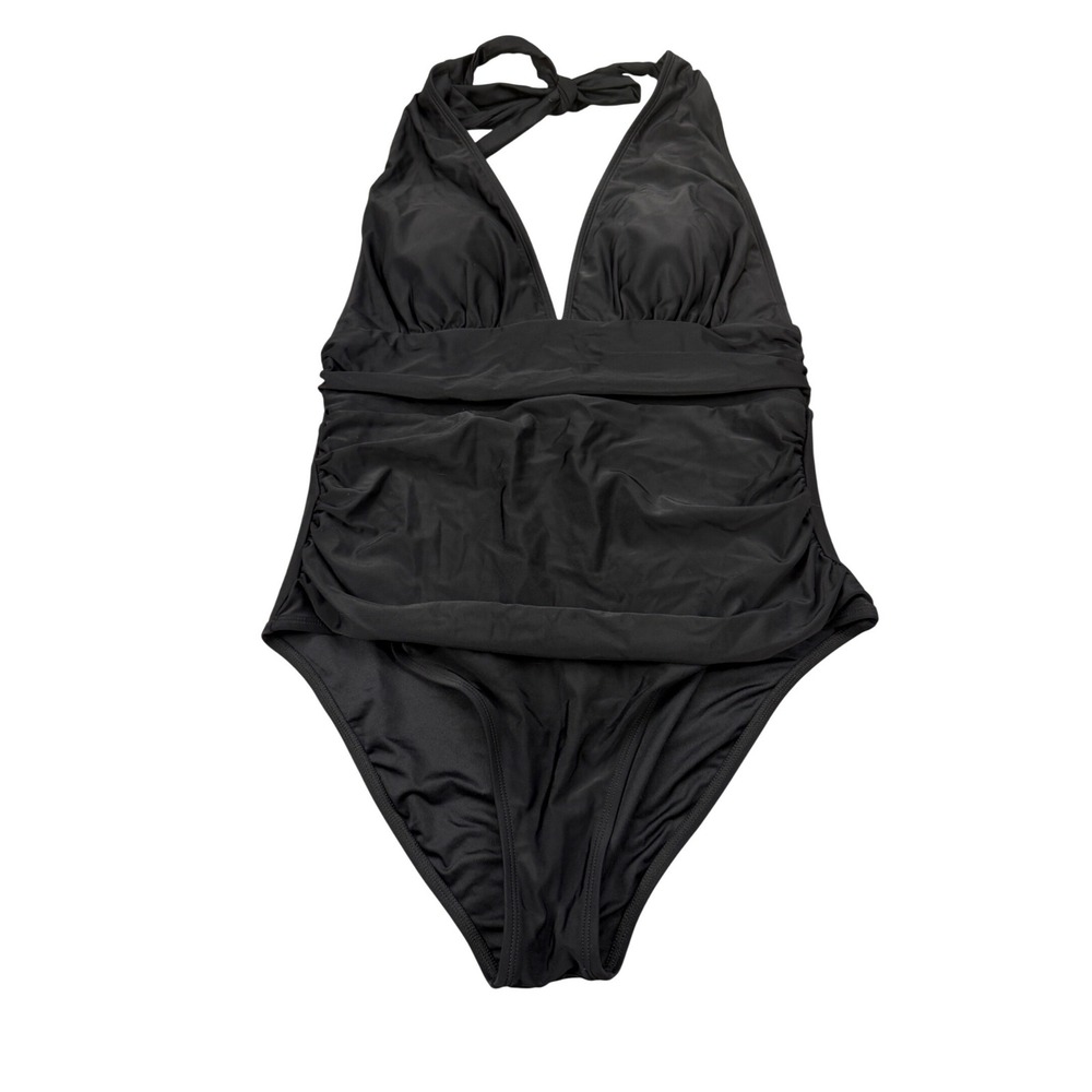 Cupshe Womens XL Black Ruched Halter One‎ Piece Swimsuit ASL0103AA NWT